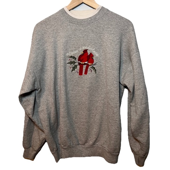 Vintage Embroidered Redbirds Christmas Sweatshirt size XL M&C Gray Crewneck - Picture 1 of 5